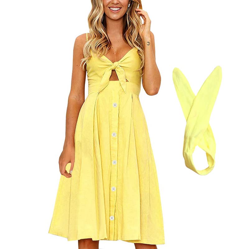 FANCYINN Womens Summer Dresses Yellow Tie Front Button Down Spaghetti Strap Midi Dress Yellow M - Image 3